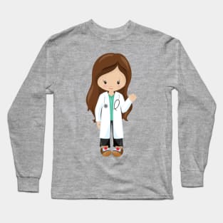 Doctor, Nurse, Stethoscope, Lab Coat, Brown Hair Long Sleeve T-Shirt